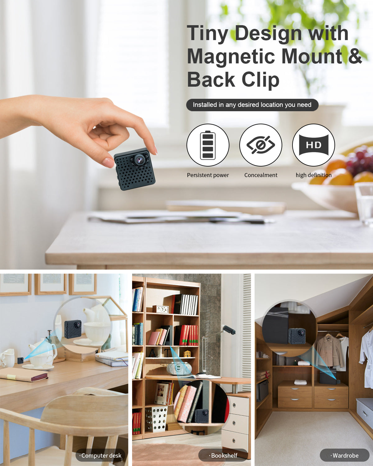Spy Camera WiFi Hidden Camera with HD Live Feed, Night Vision, PIR Motion Detection, Cloud & Local Storage/64G SD Card, Wide-Angle Monitoring, App Remote Access, Mini Security Camera for Home/Office